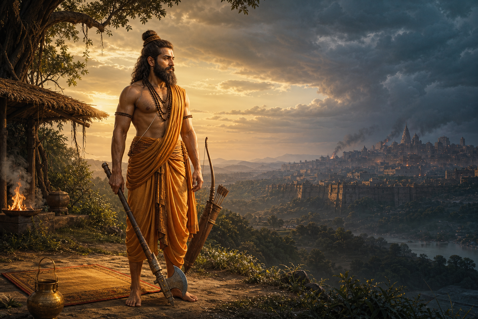 Parashurama stands calmly between a forest hermitage and a distant kingdom, holding a lowered axe beside ascetic objects and a ritual fire.
