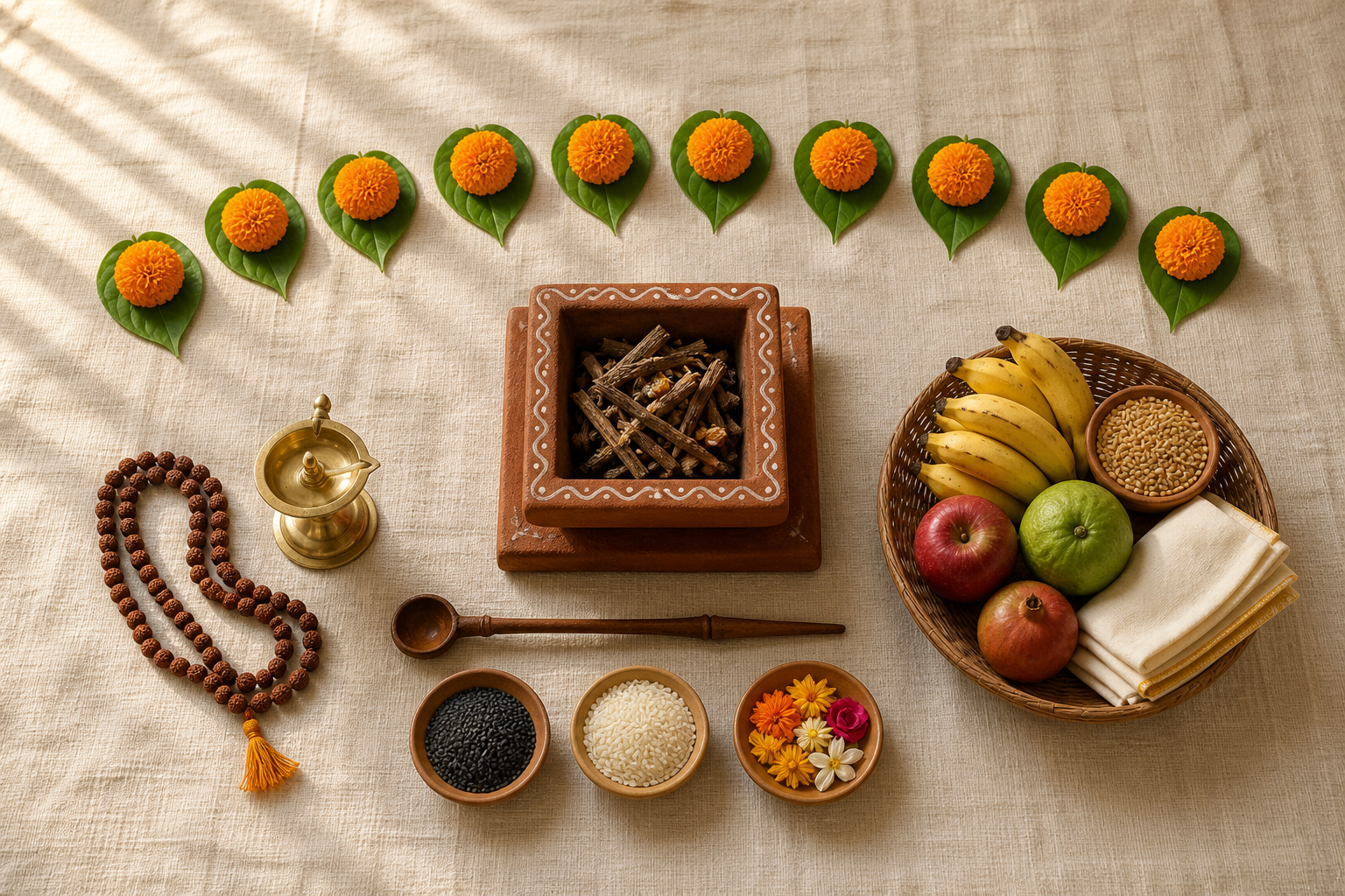 A prayer mala, brass lamp, prepared havan kund, ritual offerings, and a basket of food and cloth for charity are arranged on a cotton mat.