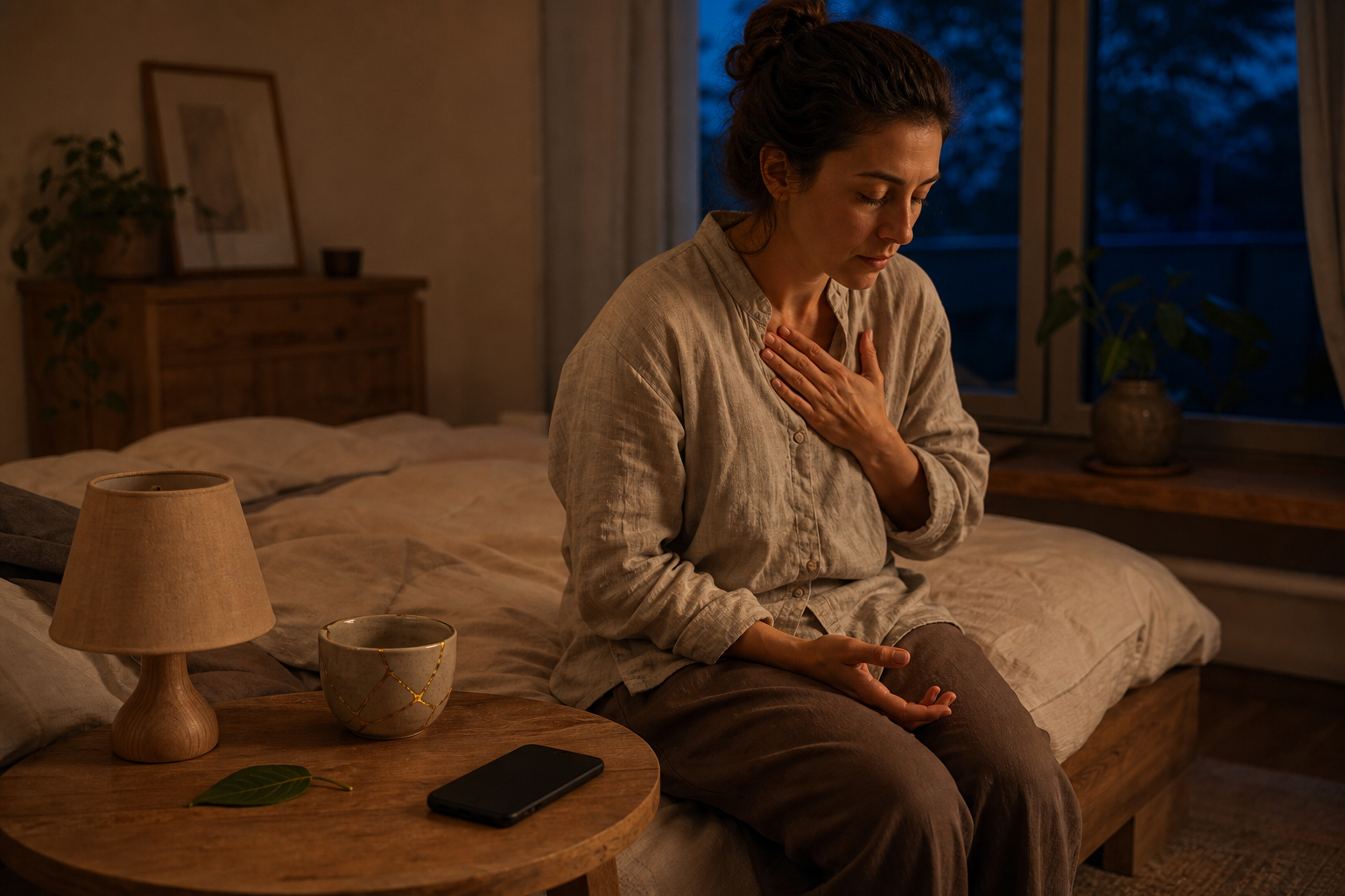 An adult sits quietly at the edge of a bed at twilight beside a face-down phone and a visibly repaired ceramic cup.