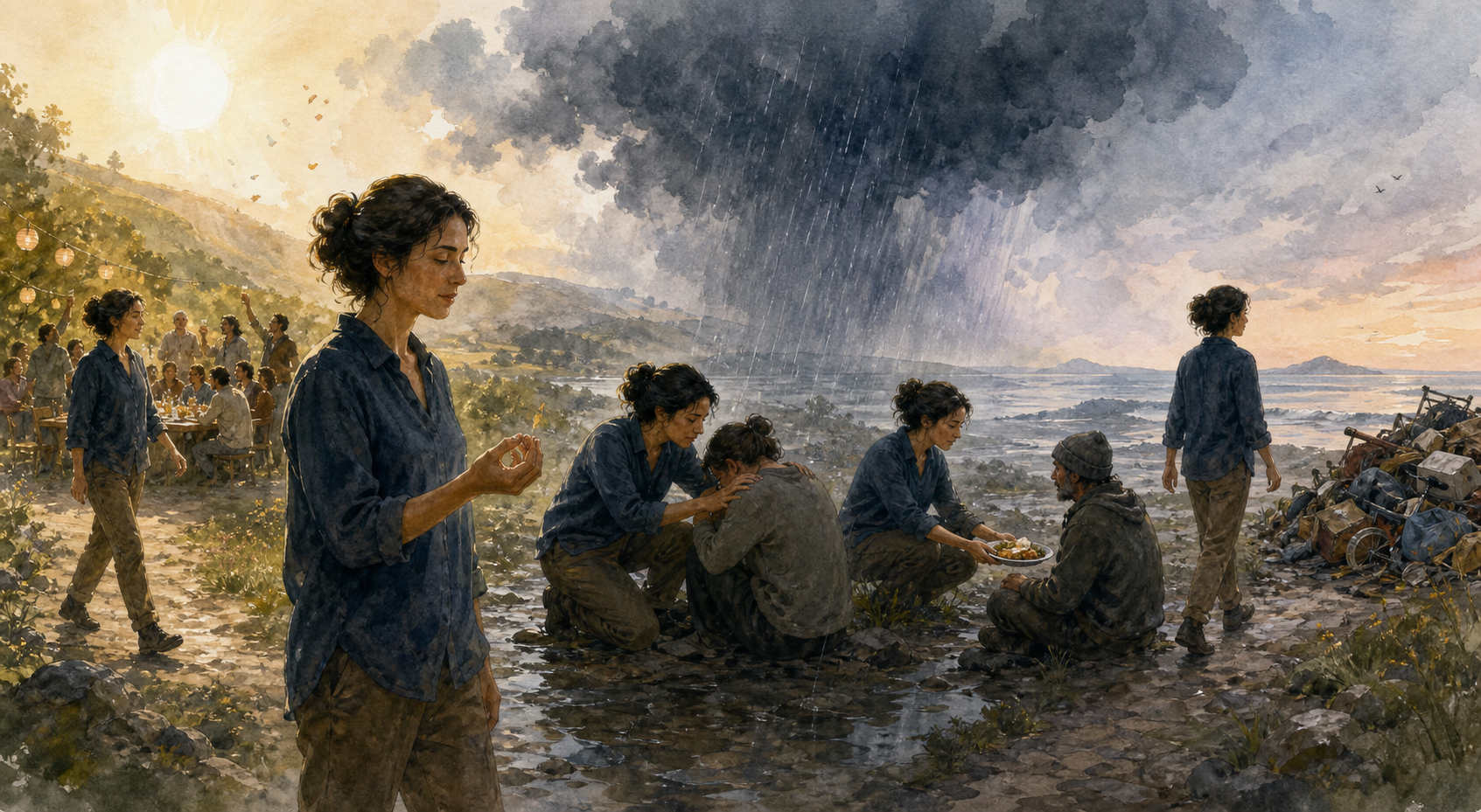 The same person moves through sunshine, rain, celebration, and grief while offering comfort, sharing food, and releasing possessions.