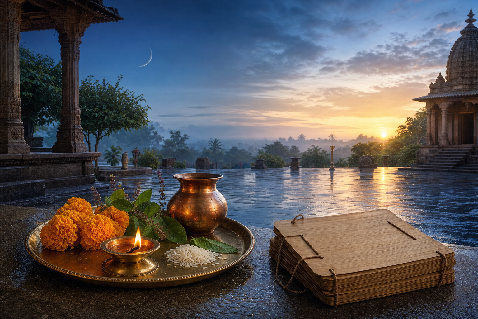 A brass puja tray, diya, flowers, tulsi leaves, and copper vessel in a temple courtyard as a waning crescent fades into the light of sunrise.