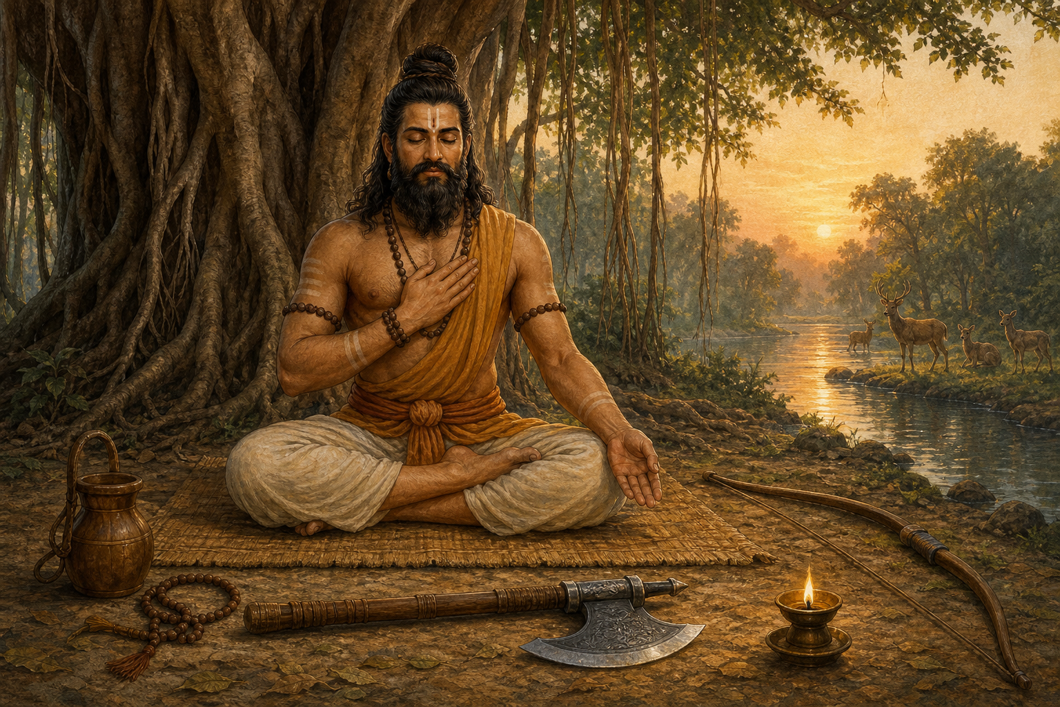 Parashurama meditates beneath a banyan tree while his axe, bow, prayer beads, water vessel, and oil lamp rest around him.