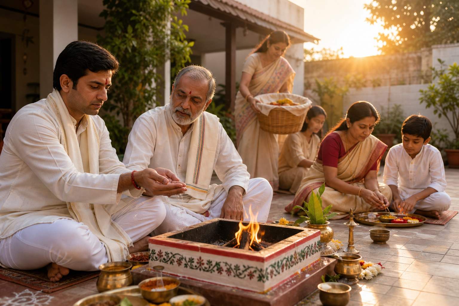 At sunrise, a householder holds water in joined palms beside a havan fire while a priest guides the vow and family members prepare offerings and food for donation.