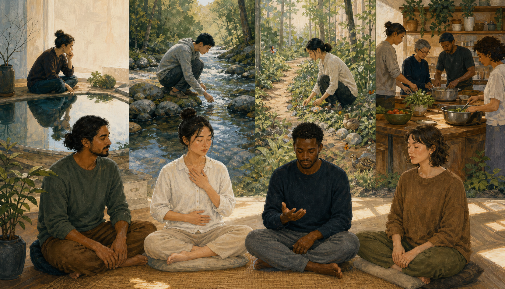 Four people practice quiet awareness in one room, with separate paths behind them leading to reflection, observation of change, careful non-harm, and communal food service.
