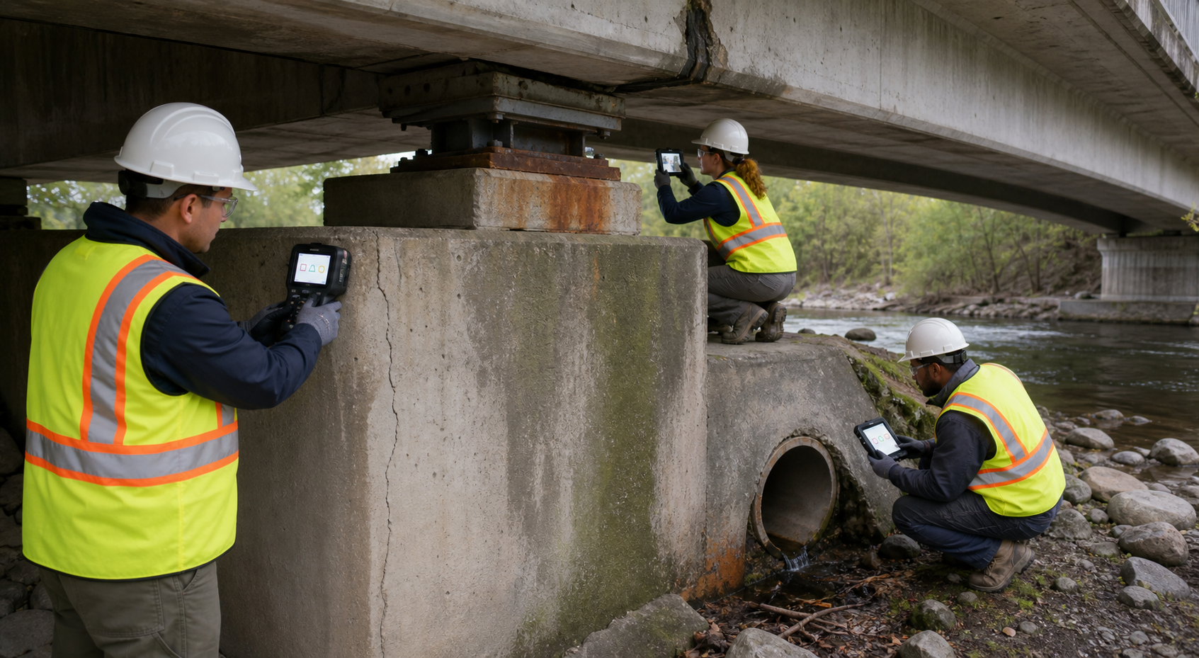 Engineers inspect a bridge pier, bearing, drainage outlet, and surface deterioration while documenting the audit on a tablet.