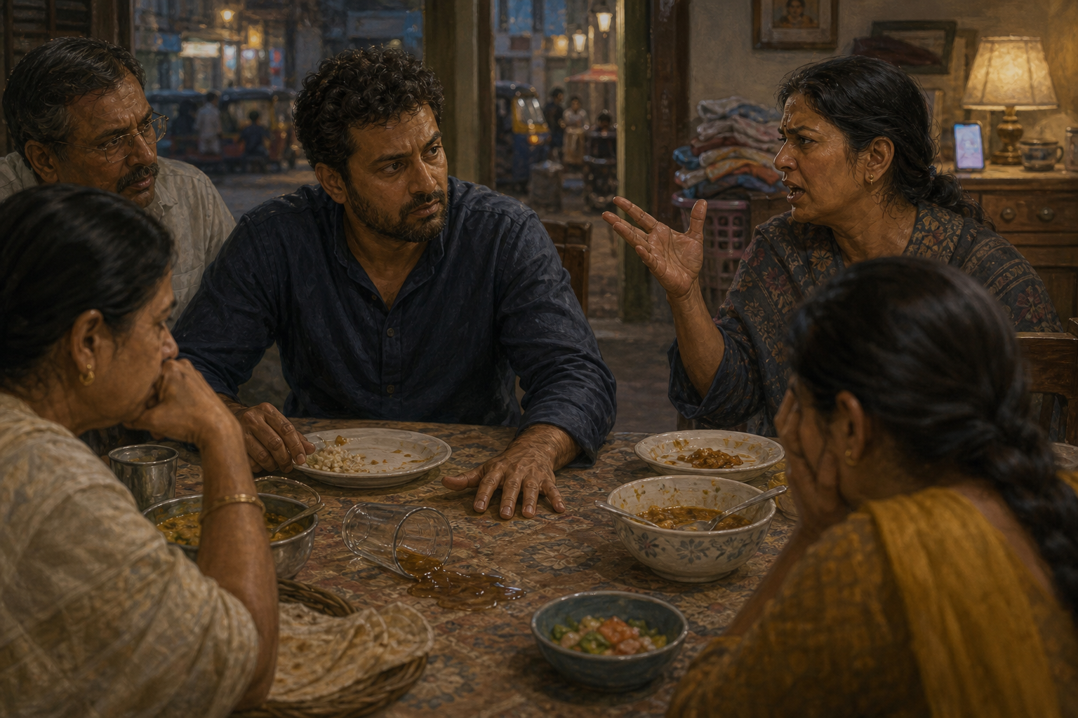 During a tense family meal with a spilled cup, one person pauses with an open hand and listens before responding.