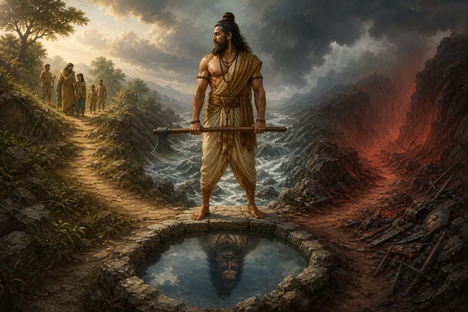 Parashurama pauses with a lowered axe at a crossroads between a path toward threatened villagers and a ravine scattered with broken weapons.