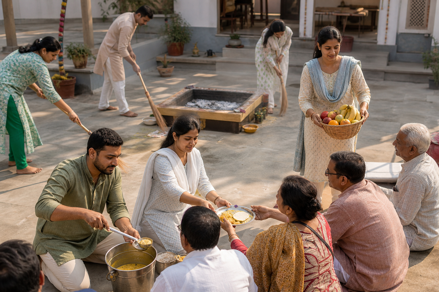 After a fire ceremony, participants serve food and fruit to community members while others clean the courtyard beside the cooled havan kund.