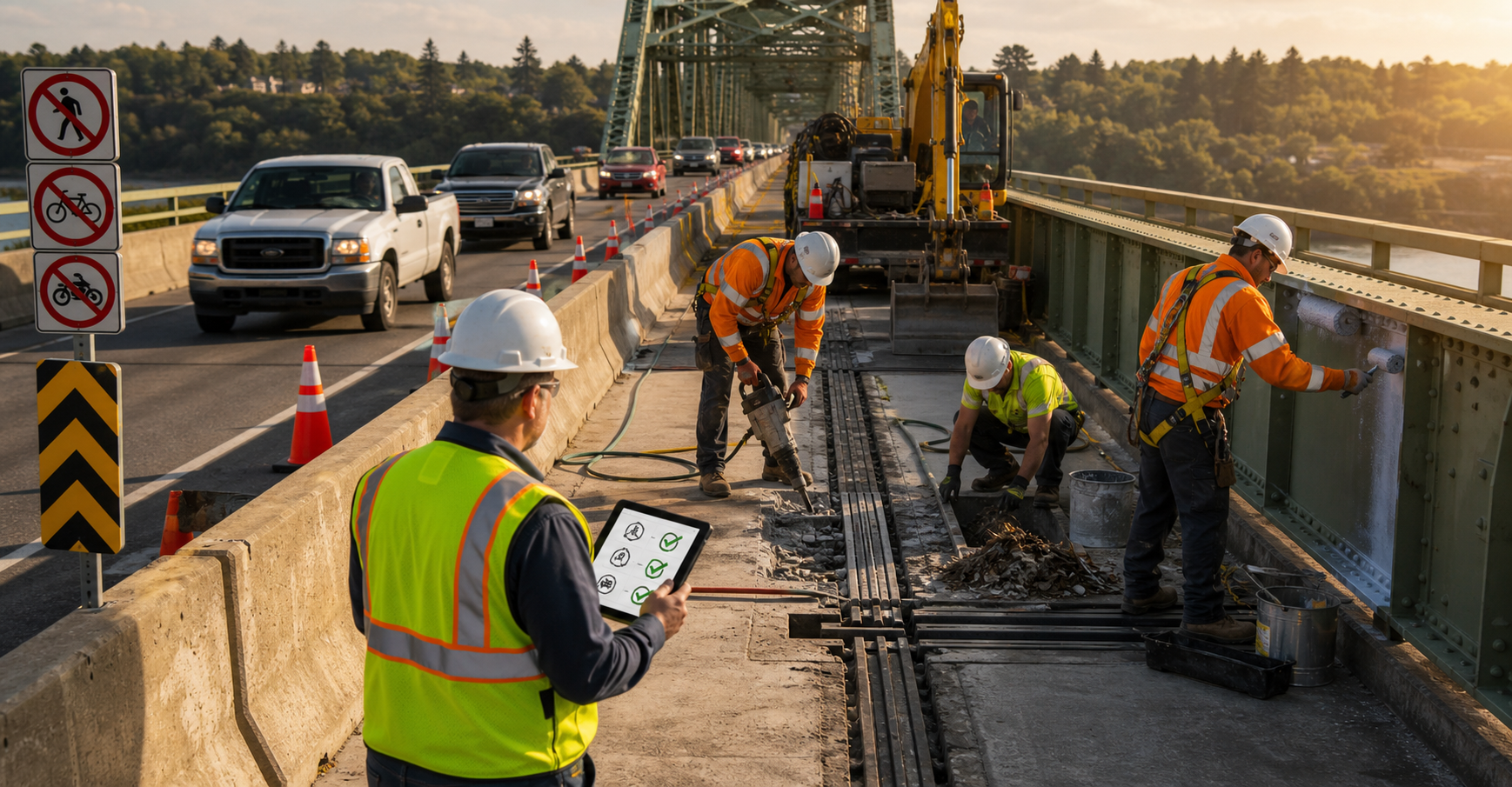 Maintenance crews repair a bridge joint and drainage system inside a controlled traffic zone under an engineer's supervision.