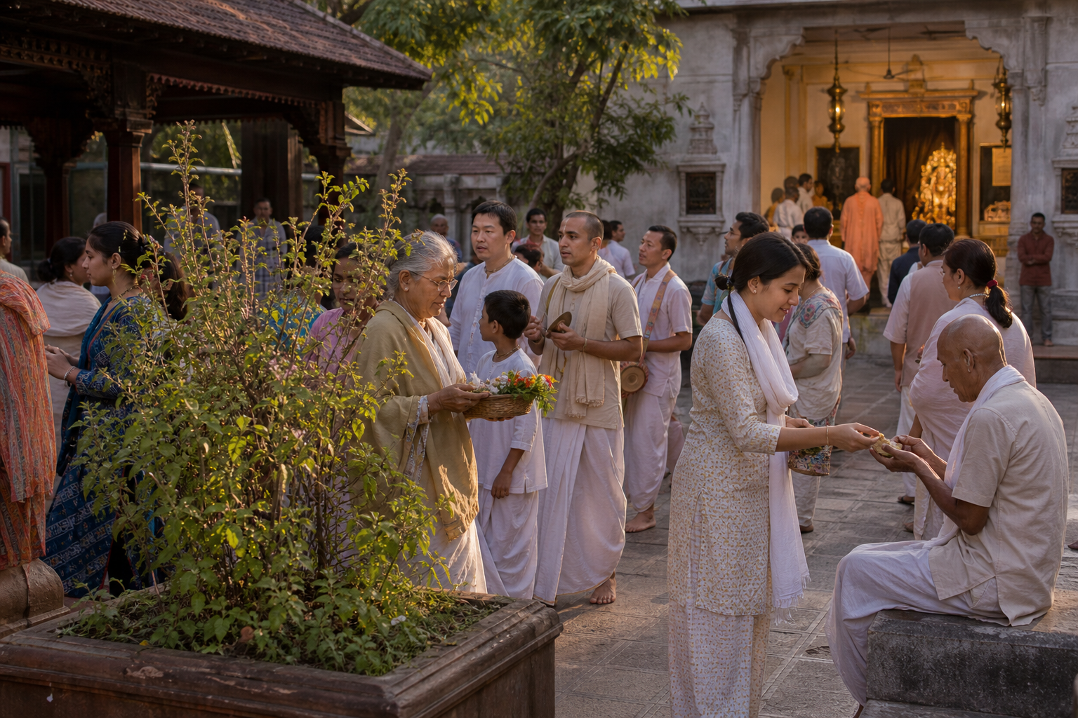 Devotees and pilgrims participate in prayer, flower offering and the receiving of sanctified food in a Vaishnava temple courtyard at dawn.