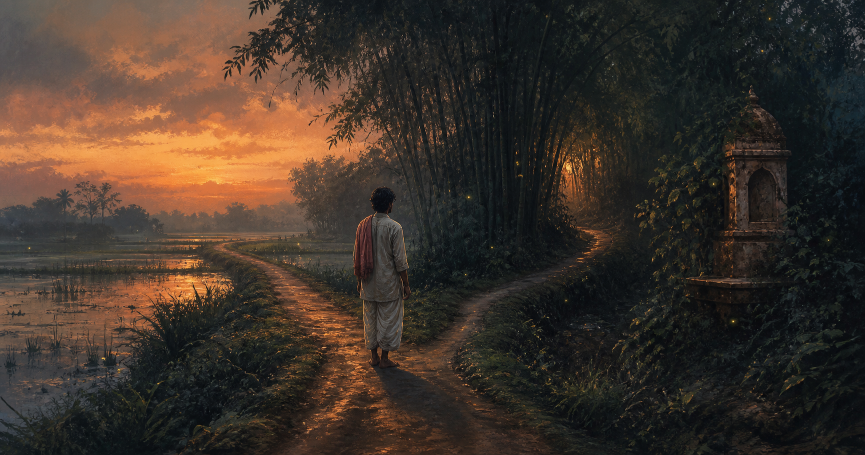 A lone traveller pauses at a forked earthen path between flooded fields and a bamboo grove in rural Bengal at dusk.