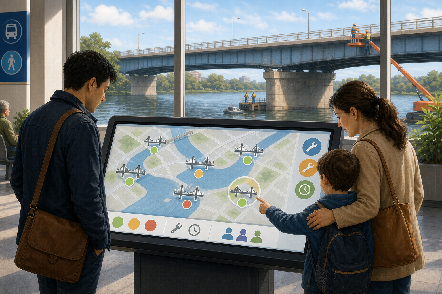 A commuter and a parent view an icon-based public bridge status display while an inspection crew works on the bridge outside.