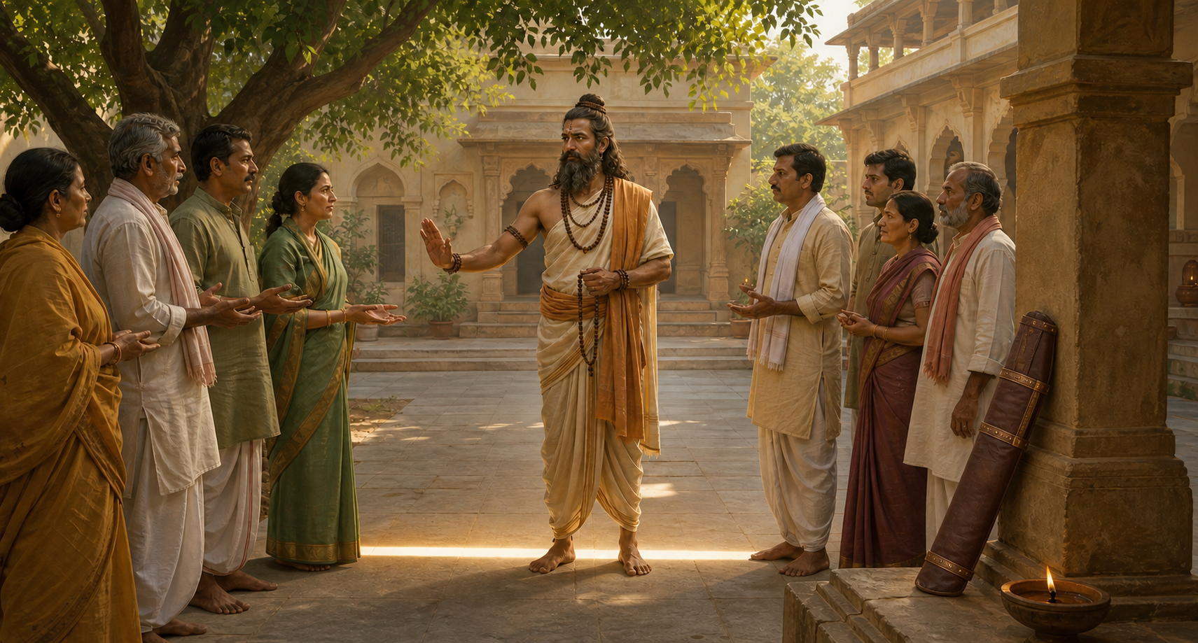 A calm ascetic figure sets a boundary between two tense groups in a courtyard while a sheathed axe rests unused against a pillar.
