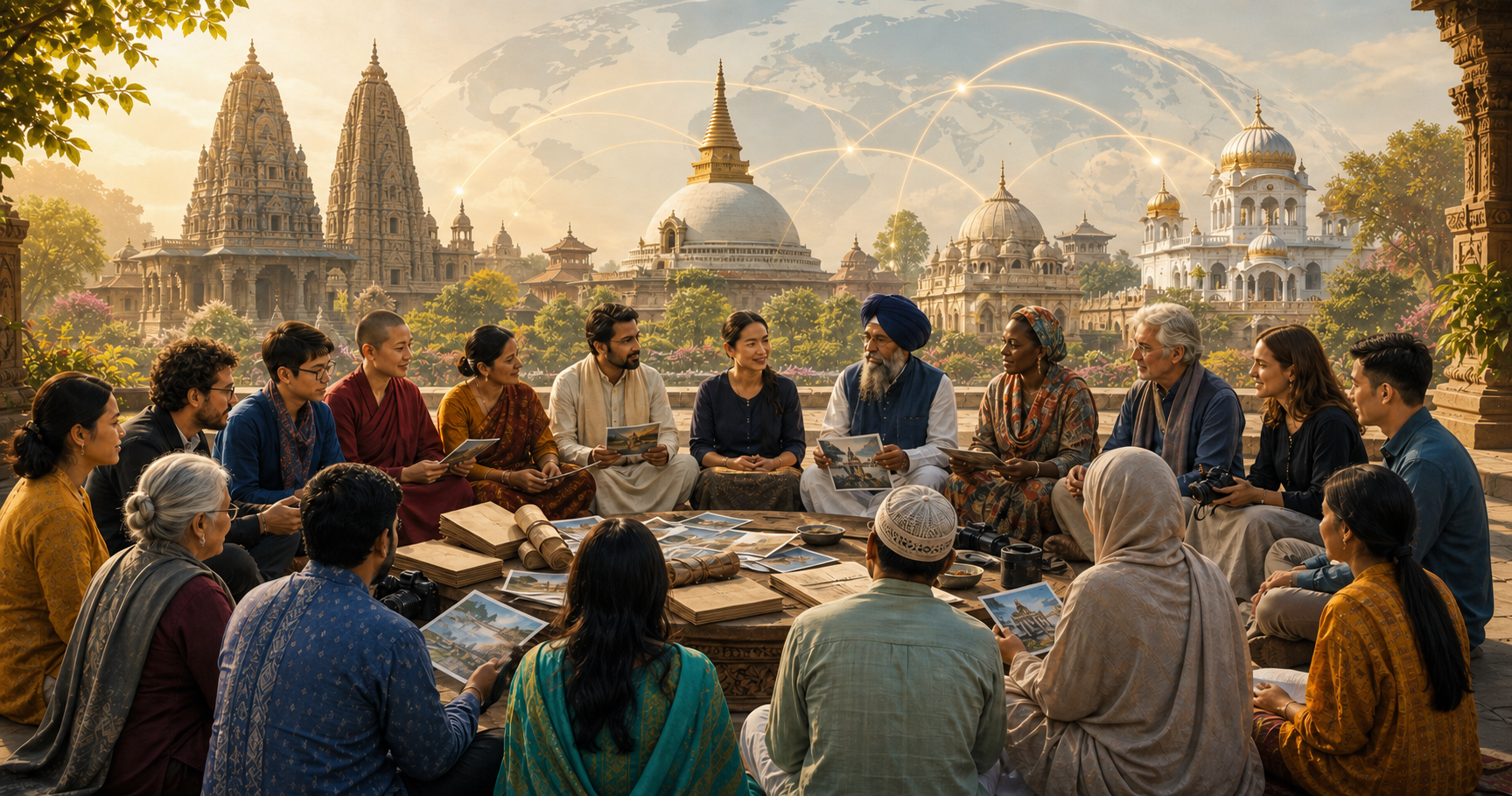 A diverse, multigenerational group meets in a civic courtyard with archival materials while distinct Dharmic places of worship appear in the background.