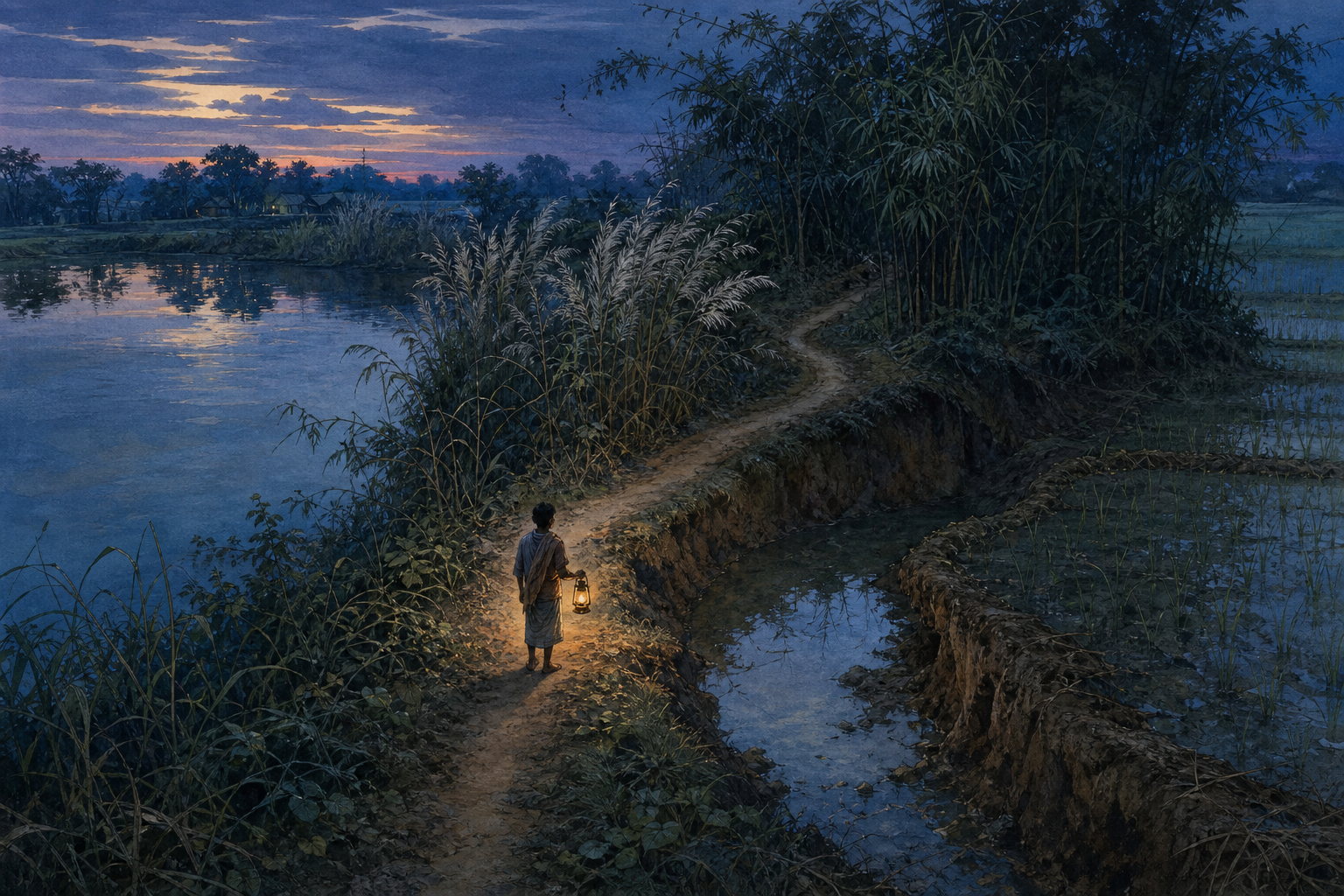 An earthen path winds past a pond, waterlogged fields, tall grass, bamboo, and an eroded bank as a lantern-bearing traveller pauses at dusk.