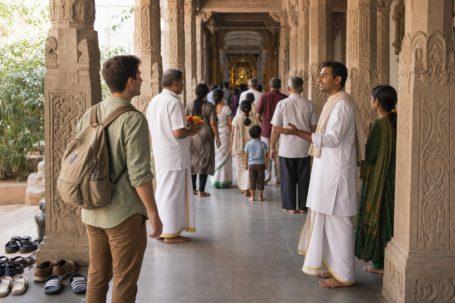 A visitor observes resident devotees and a temple volunteer while learning respectful customs in a Vaishnava temple hall.