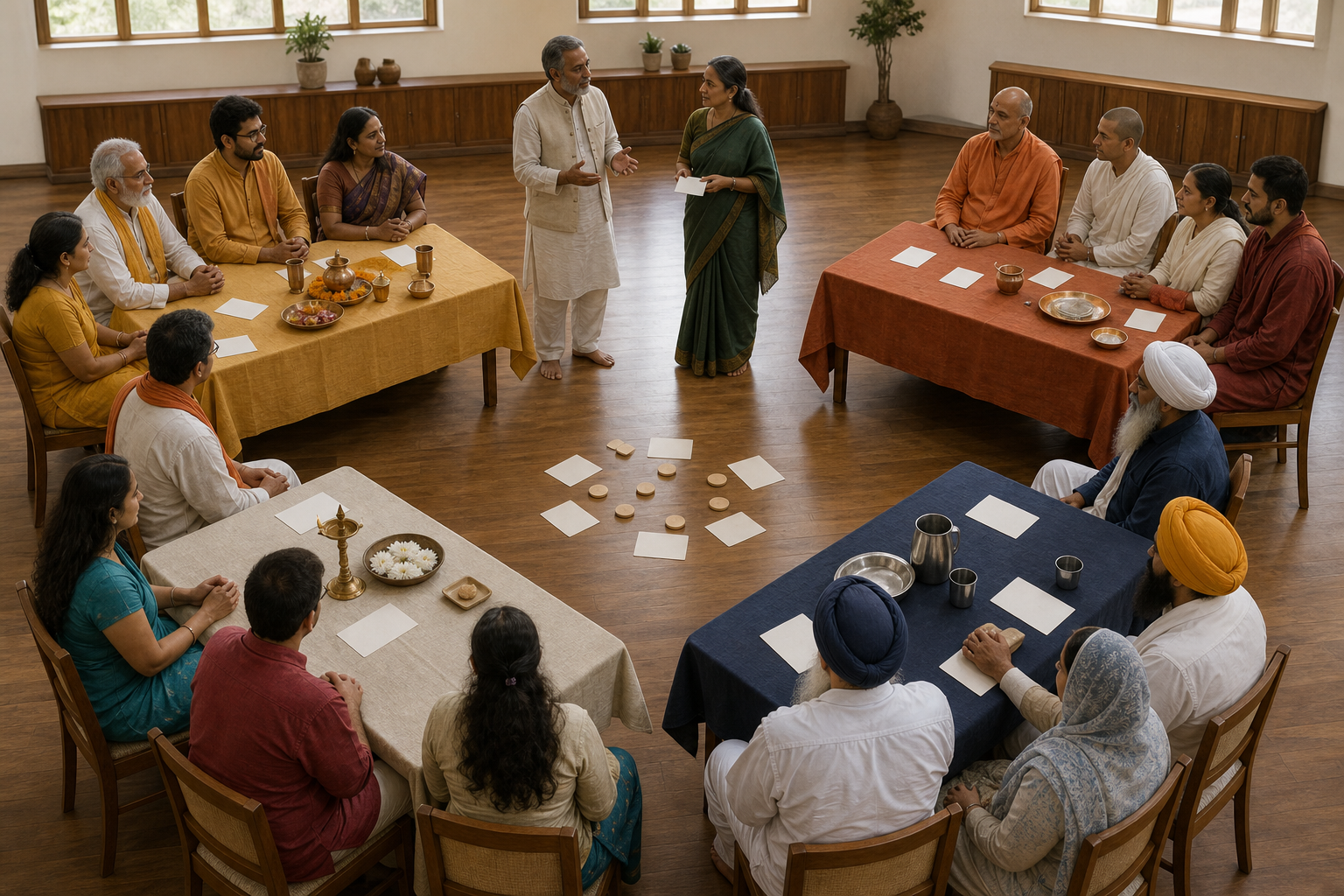 Community representatives listen to one another at four connected tables while keeping their materials arranged in distinct groups.