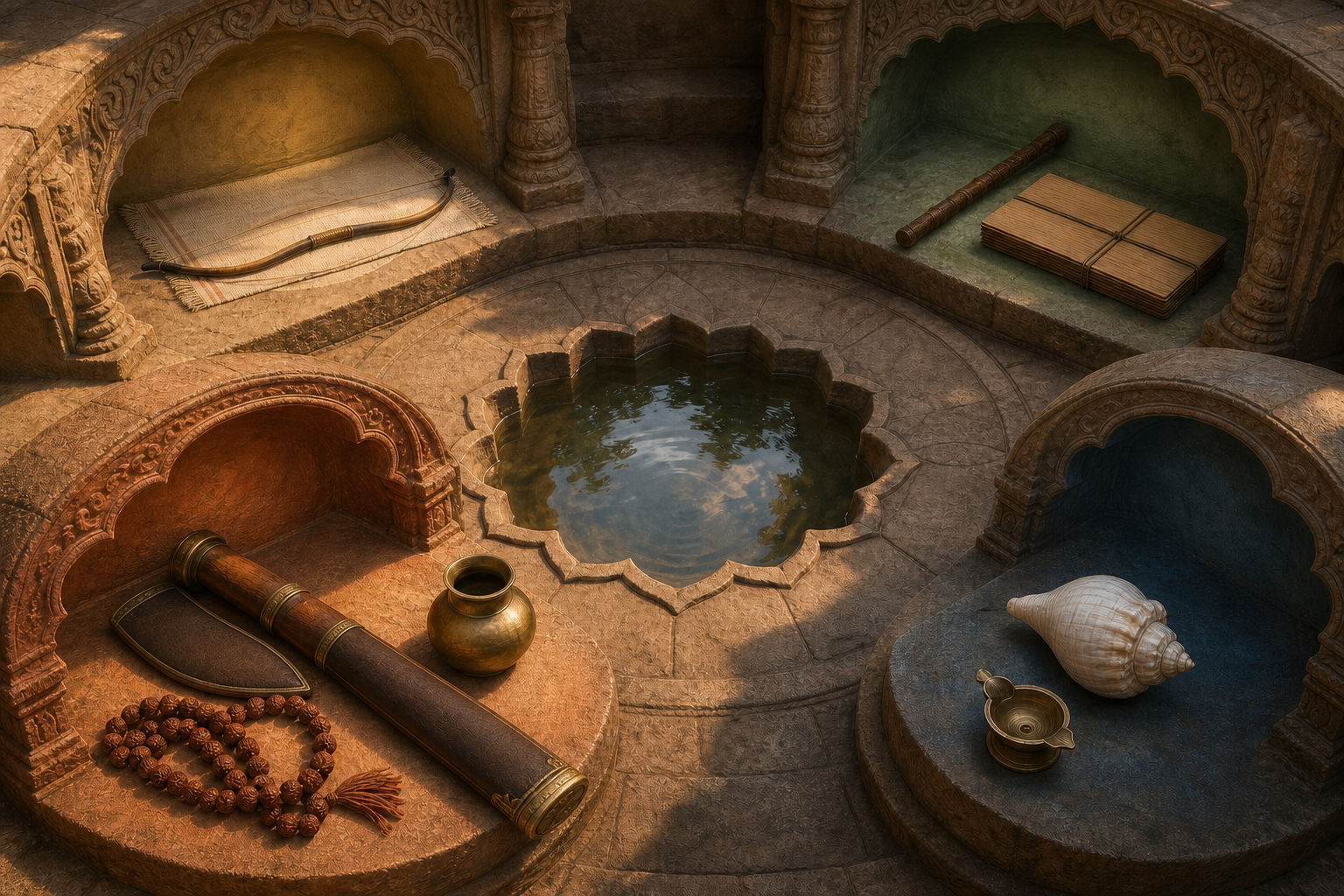 Separate groupings of an axe, prayer beads, water vessel, bow, staff, blank palm-leaf manuscripts, conch, and lamp surround a central lotus-shaped pool.