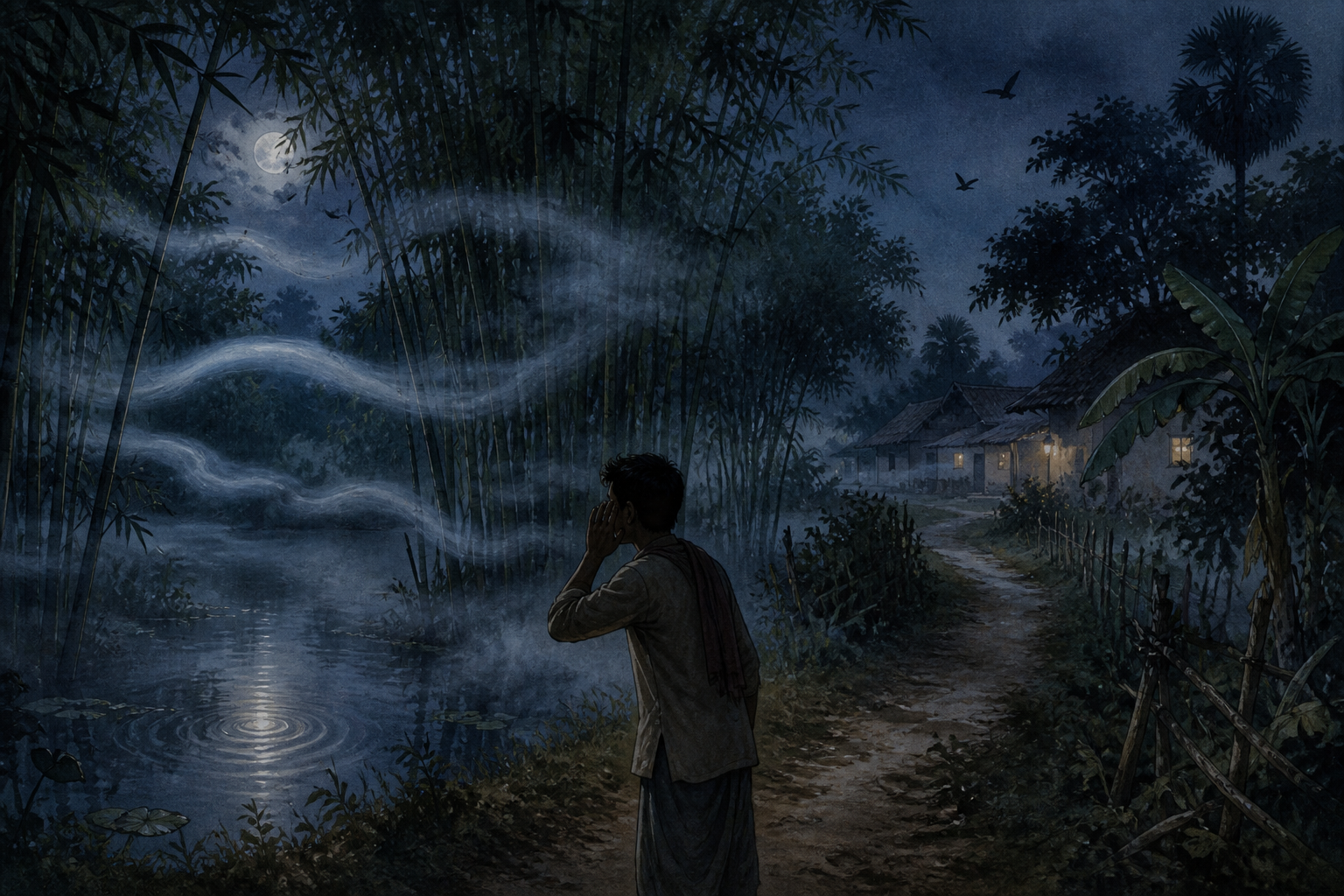 A traveller listens on a misty path while pale curved bands pass through bamboo toward a pond, away from distant village lights.