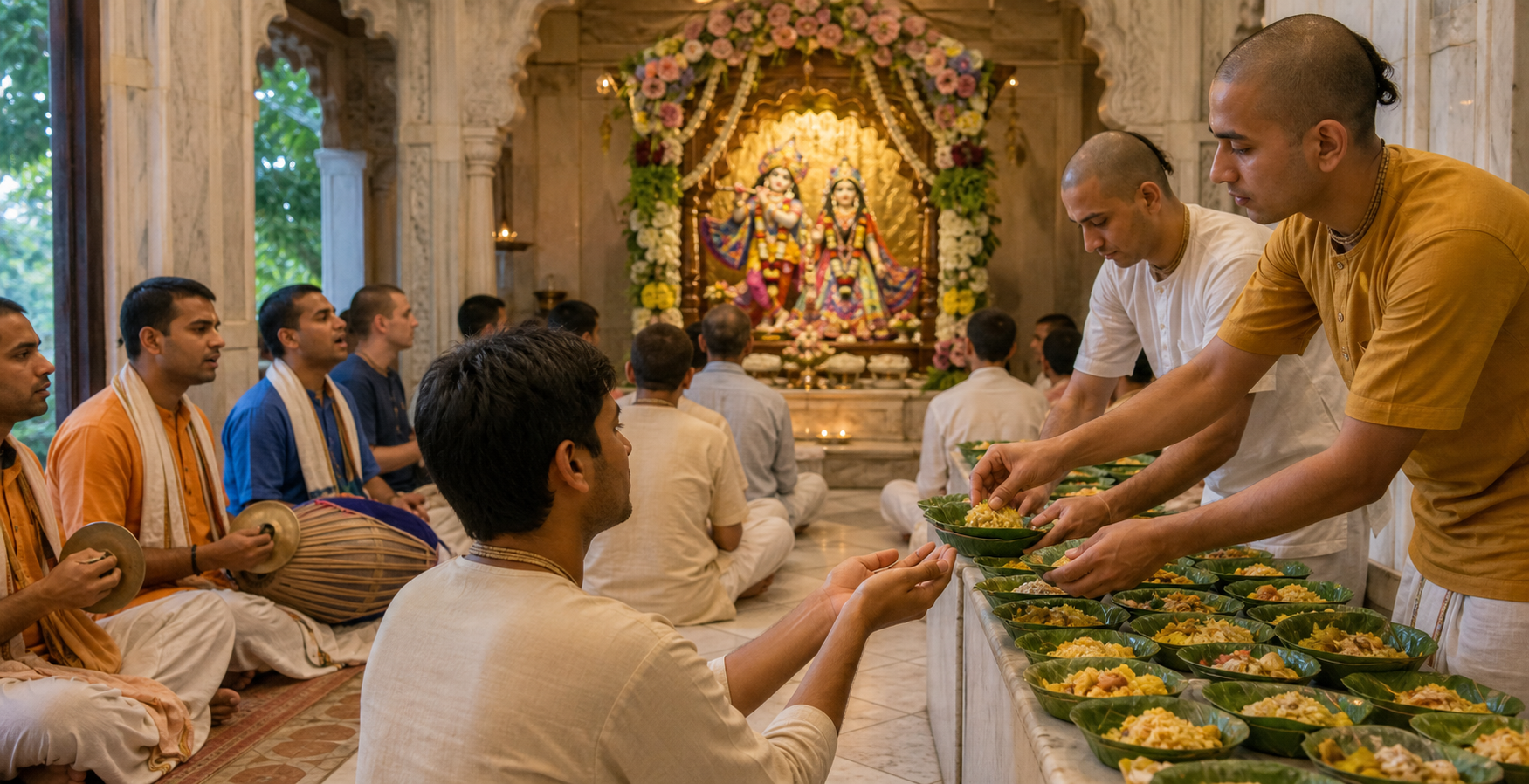 Devotees listen to kirtan, view a flower-decorated altar, prepare offerings and receive sanctified food inside a temple.