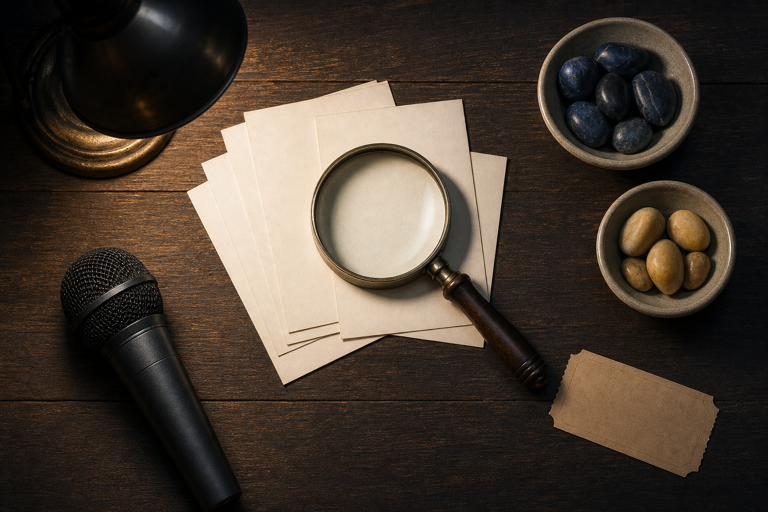 A magnifying glass, blank cards, an unbranded microphone, an unprinted theatre ticket, and two bowls of colored stones are arranged on a desk.
