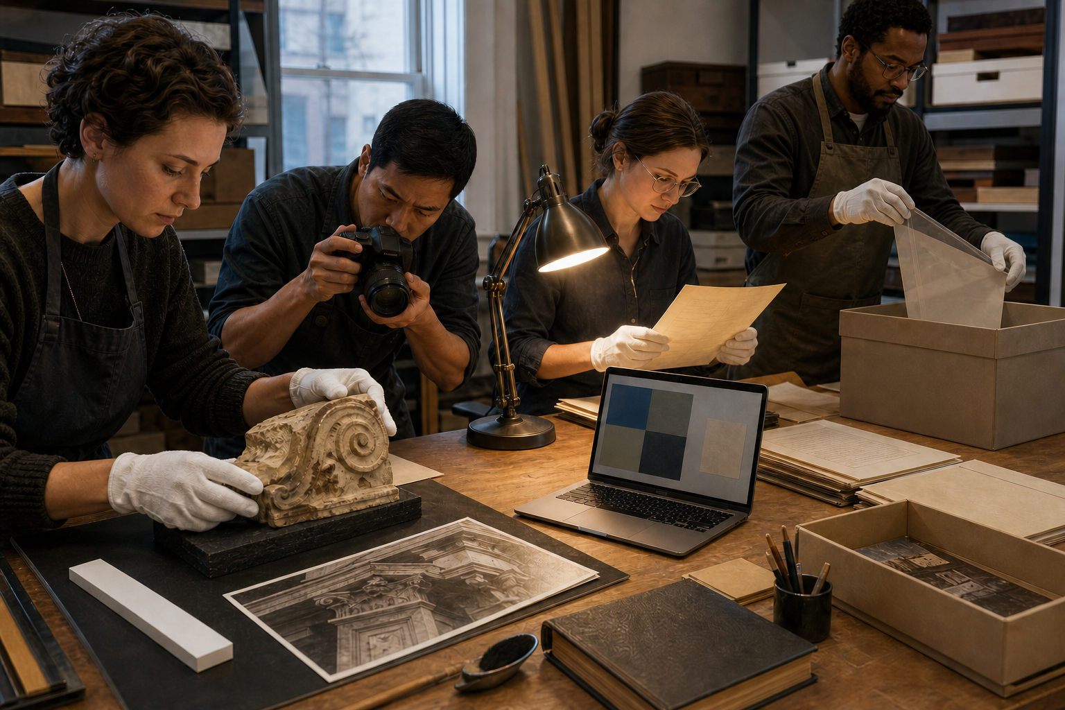 Advocates document a cultural artifact with gloves, a camera, archival photographs, protective sleeves, and a storage box.