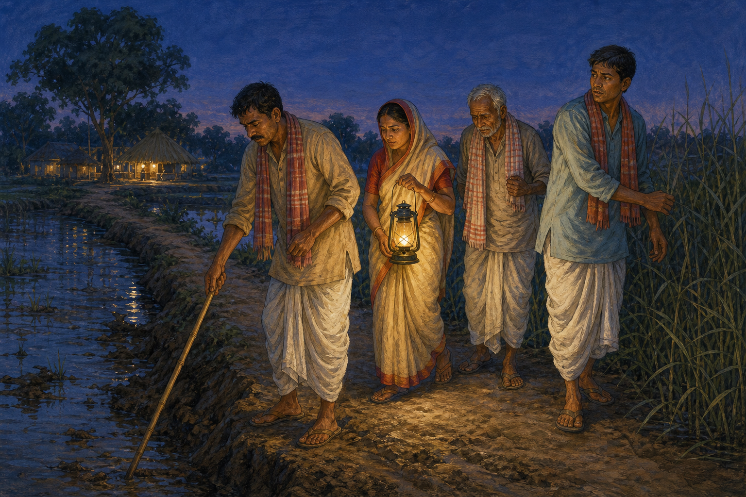 Four villagers stay together on a narrow night path, using a lantern and bamboo staff beside a flooded ditch and dense reeds.