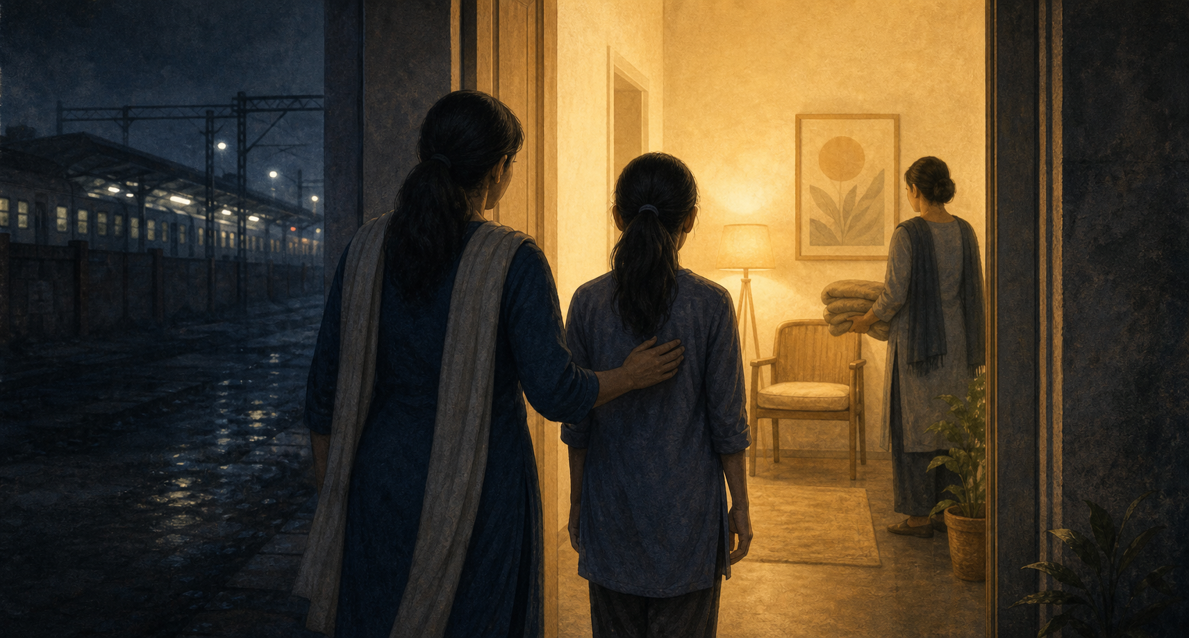 An editorial illustration shows an adolescent being guided by a child-protection worker from a dark urban passage into a warmly lit safe room.