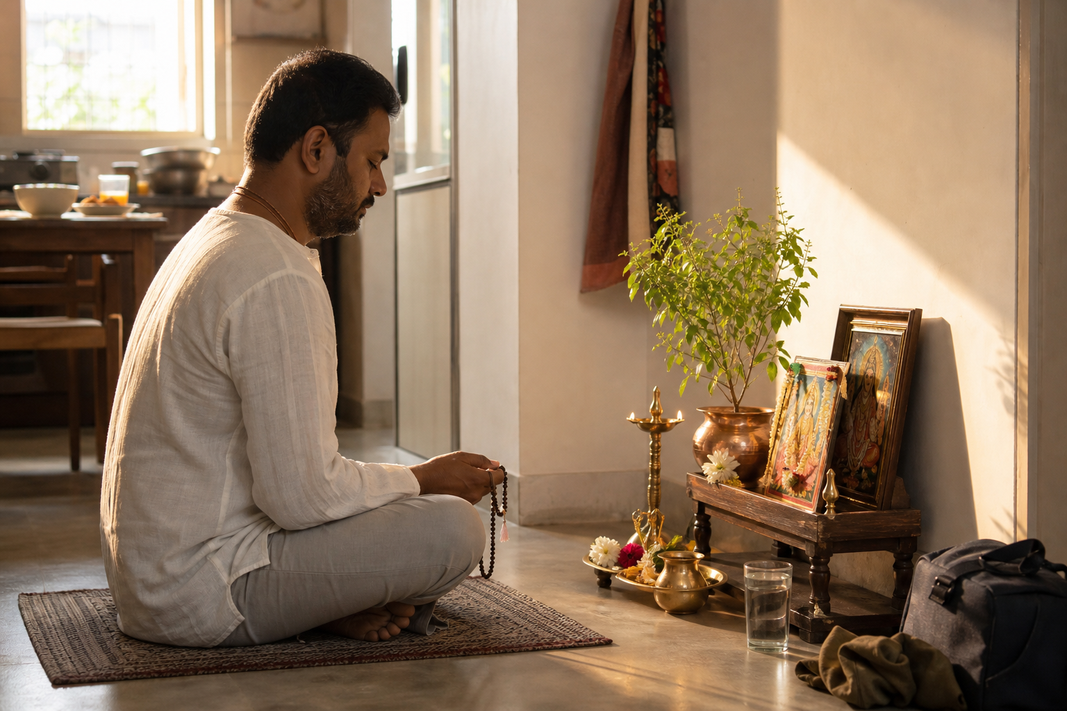 A devotee practices prayer with beads beside a small home shrine and tulasi plant in the morning.