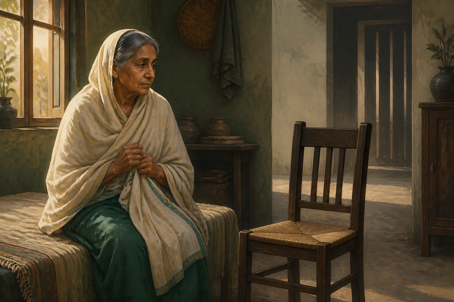 An elderly South Asian woman sits beside an empty chair in a modest home, with warm window light and a shadowed doorway suggesting separation.