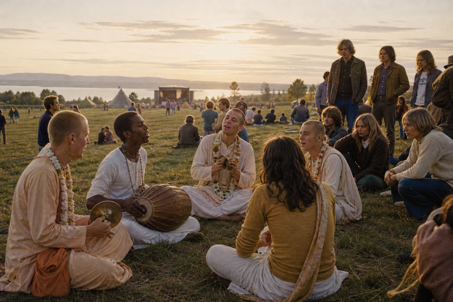A small group of Hare Krishna devotees performs kirtan for festivalgoers on a grassy field in Sweden beneath the bright late-evening summer sky.