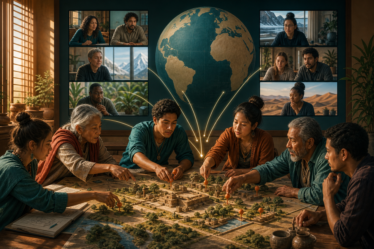 Local residents make decisions around a model of a sacred precinct while international collaborators join on a large video display behind them.