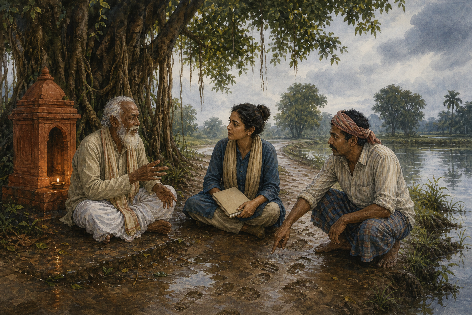 An elder, a notebook-carrying listener, and a local guide gather beside a terracotta shrine and a wet crossroads under a banyan tree.