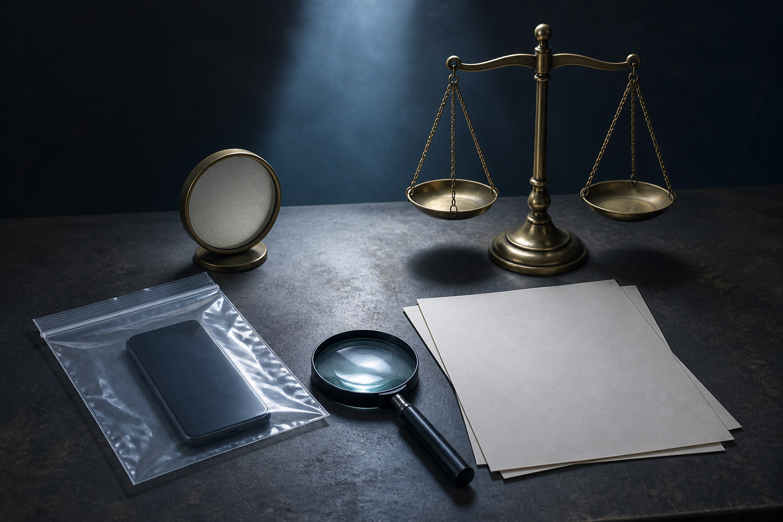 A magnifying glass, an unmarked phone in an evidence pouch, blank papers, a clock, and balanced scales rest on an evidence table.
