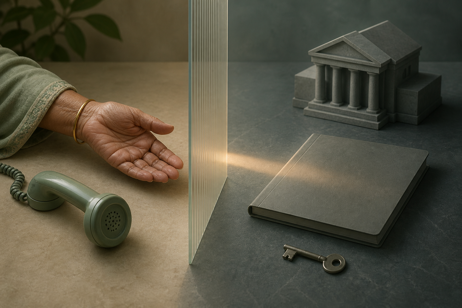 A telephone beside an elderly woman's open hand is separated by a translucent partition from a closed file, a key, and a courthouse-shaped silhouette.