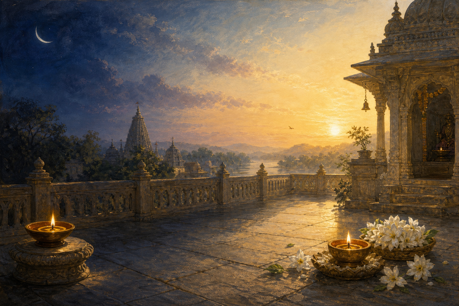 A continuous temple terrace changes from blue predawn with a waning crescent to warm morning sunlight, with two lamps marking successive parts of the morning.