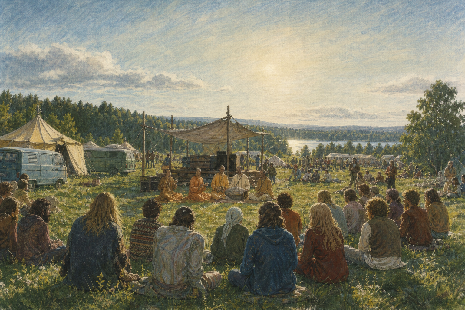 Festival visitors gather around Hare Krishna devotees performing outdoors among tents and woodland during a bright Swedish summer evening.