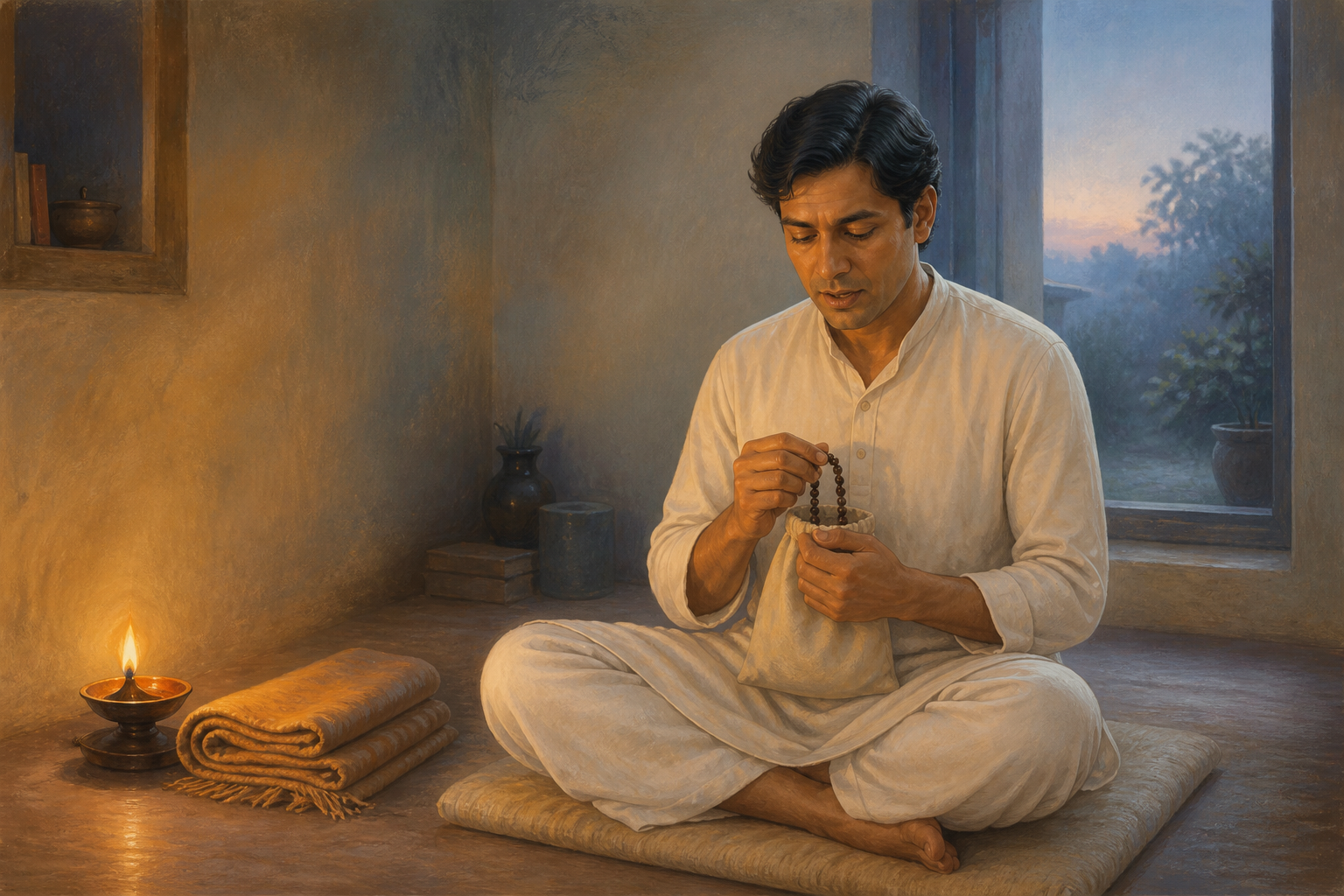 A seated practitioner chants softly with a wooden japa mala in a quiet room illuminated by an oil lamp and early morning light.