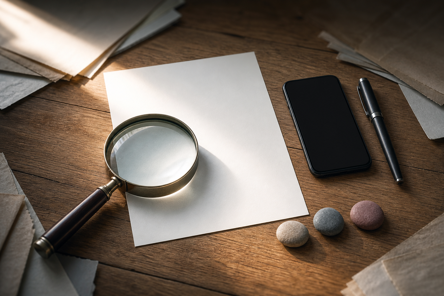 A magnifying glass focuses on an unmarked document while loose papers, a pen, and a blank-screen smartphone sit nearby.