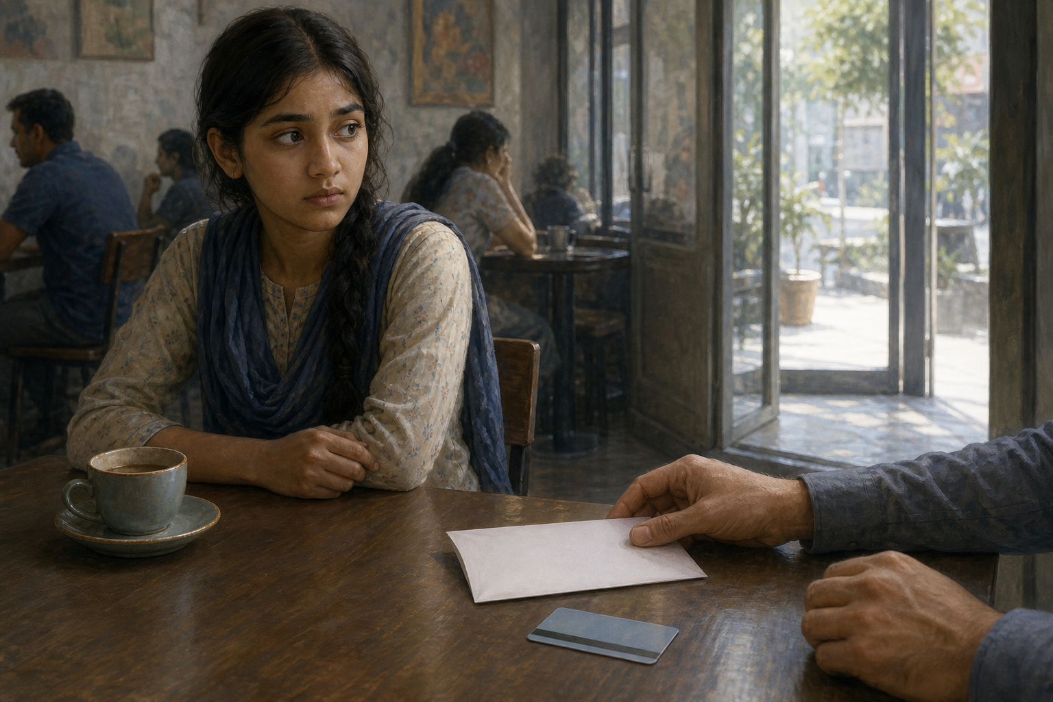 An adolescent sits cautiously at a public cafe table as an unidentified adult slides a blank envelope and an unmarked travel card toward her.