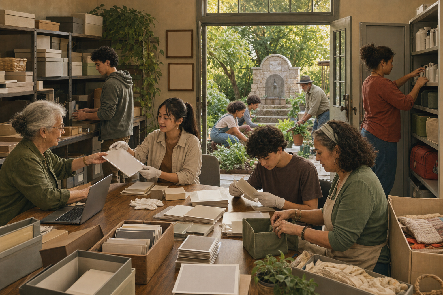 Volunteers of different ages digitize photographs, preserve archive boxes, prepare supplies, and tend a courtyard garden in a community center.