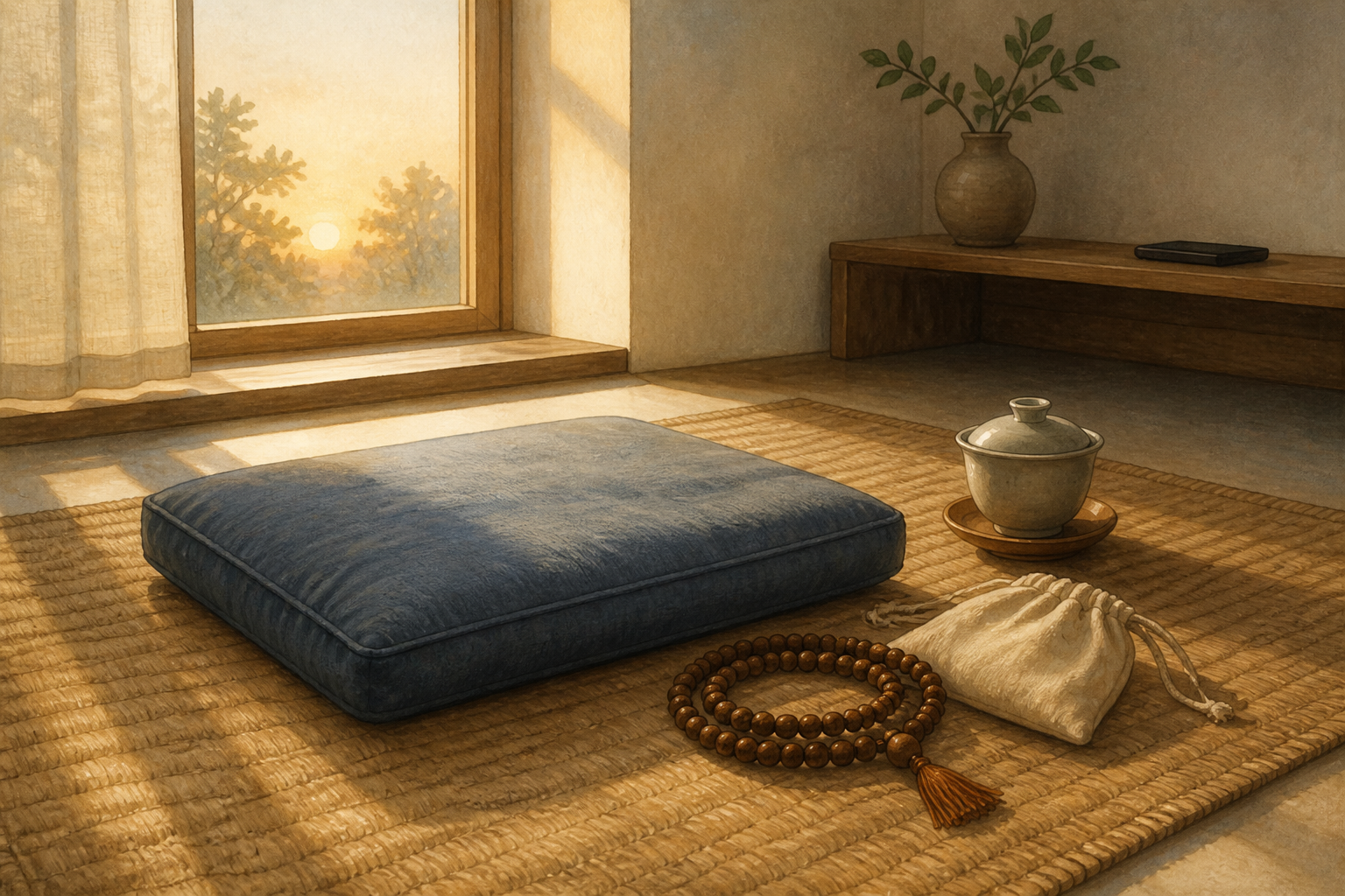 A meditation cushion, wooden mala, bead bag, and covered cup are prepared near a dawn-lit window, while a phone rests face down on a distant shelf.
