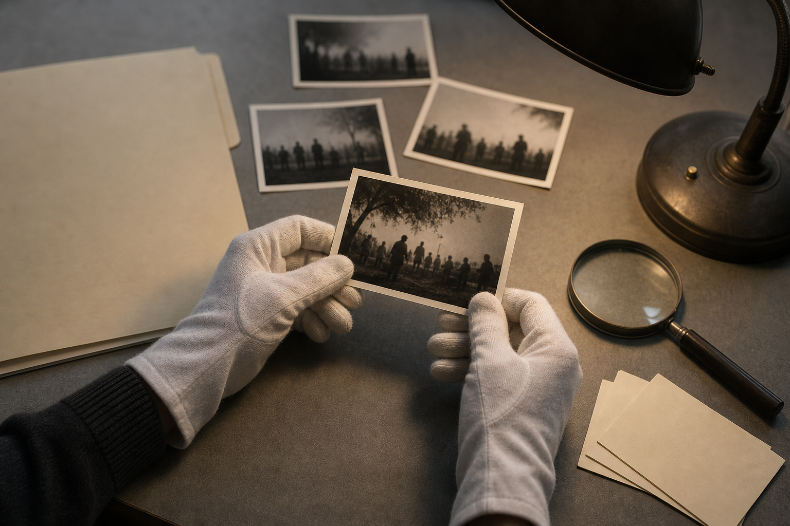 Gloved hands examine generic black-and-white contact prints and an unmarked archive folder under a desk lamp.
