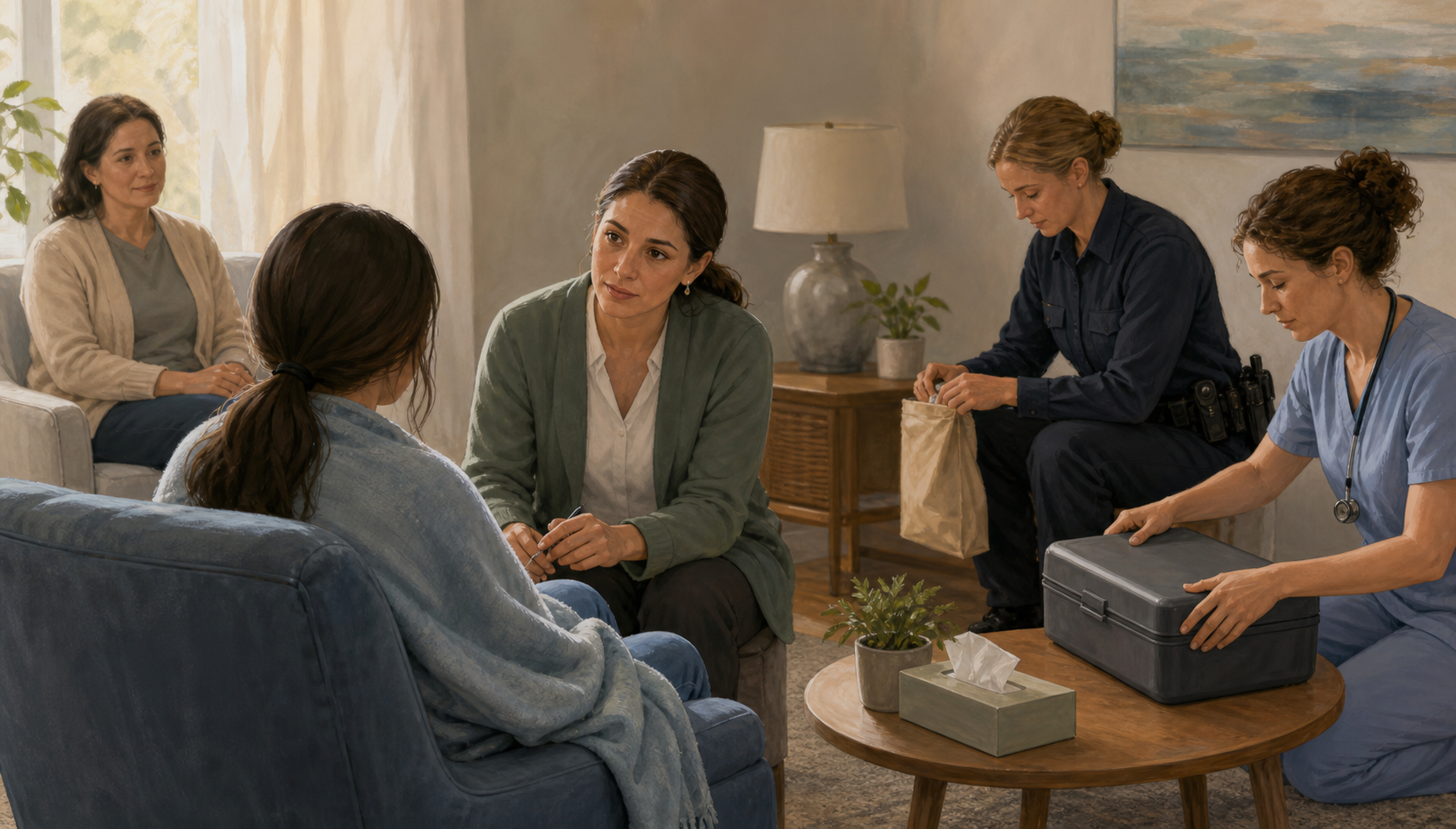 An adolescent in a private support room is assisted by a child-welfare worker while a police officer, medical professional, and trusted adult remain nearby.