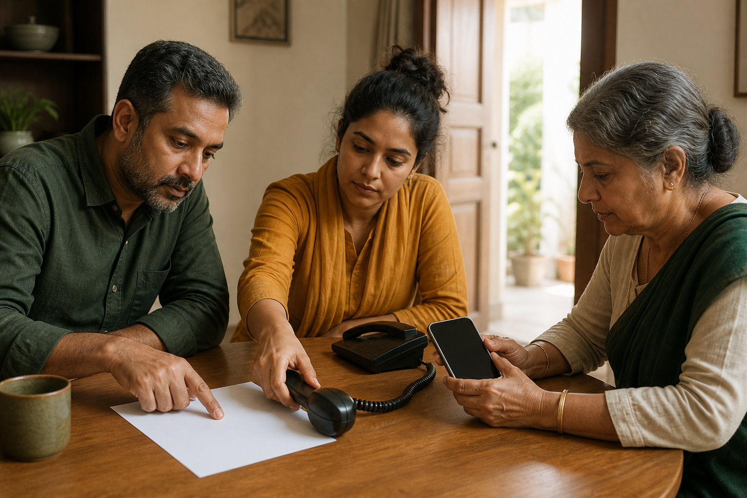 Three adults review an unmarked document and a blank-screen phone around a table, with a telephone receiver and a sunlit open doorway nearby.
