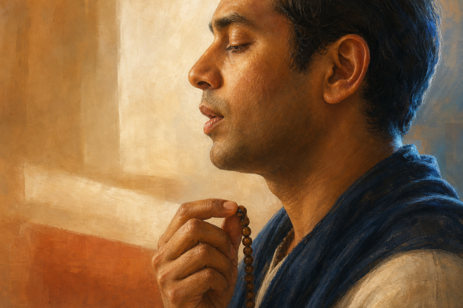 A practitioner in side profile chants while listening attentively and moving one wooden bead between the fingers.