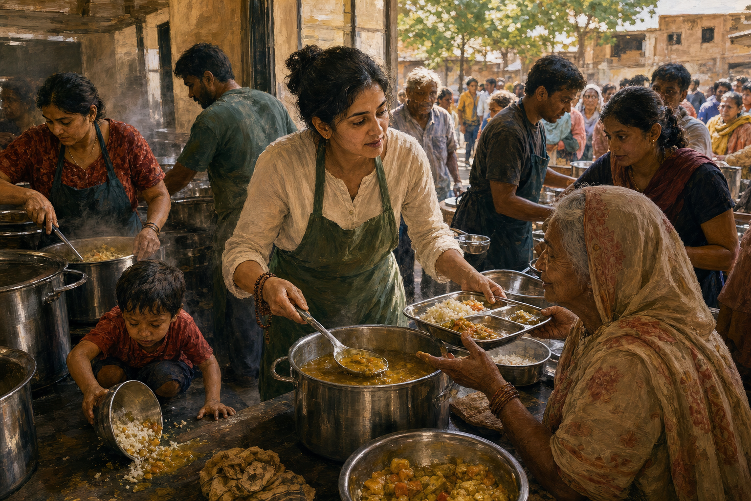 A calm volunteer helps guests and coworkers amid spills, steam, and activity in a busy community kitchen.