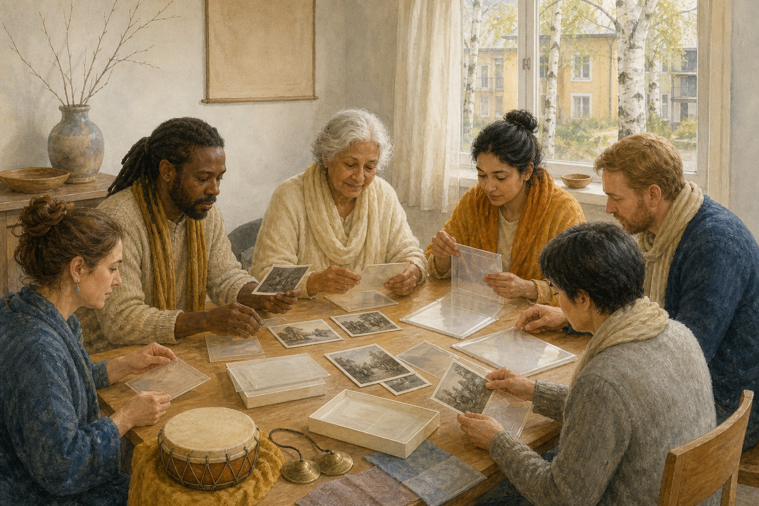 Community members gather around a table to preserve archival photographs and discuss their shared history in a softly lit room.
