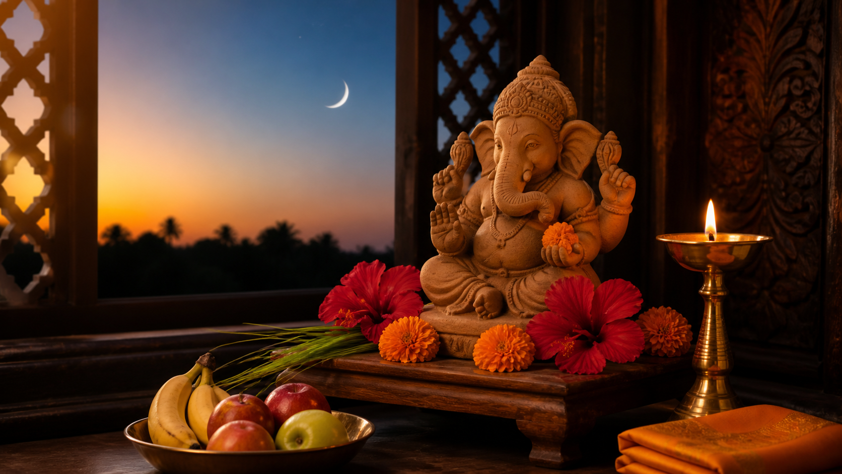 A clay Ganesha murti, oil lamp, flowers, fruit, and saffron cloth arranged on a home altar beside a window at twilight.