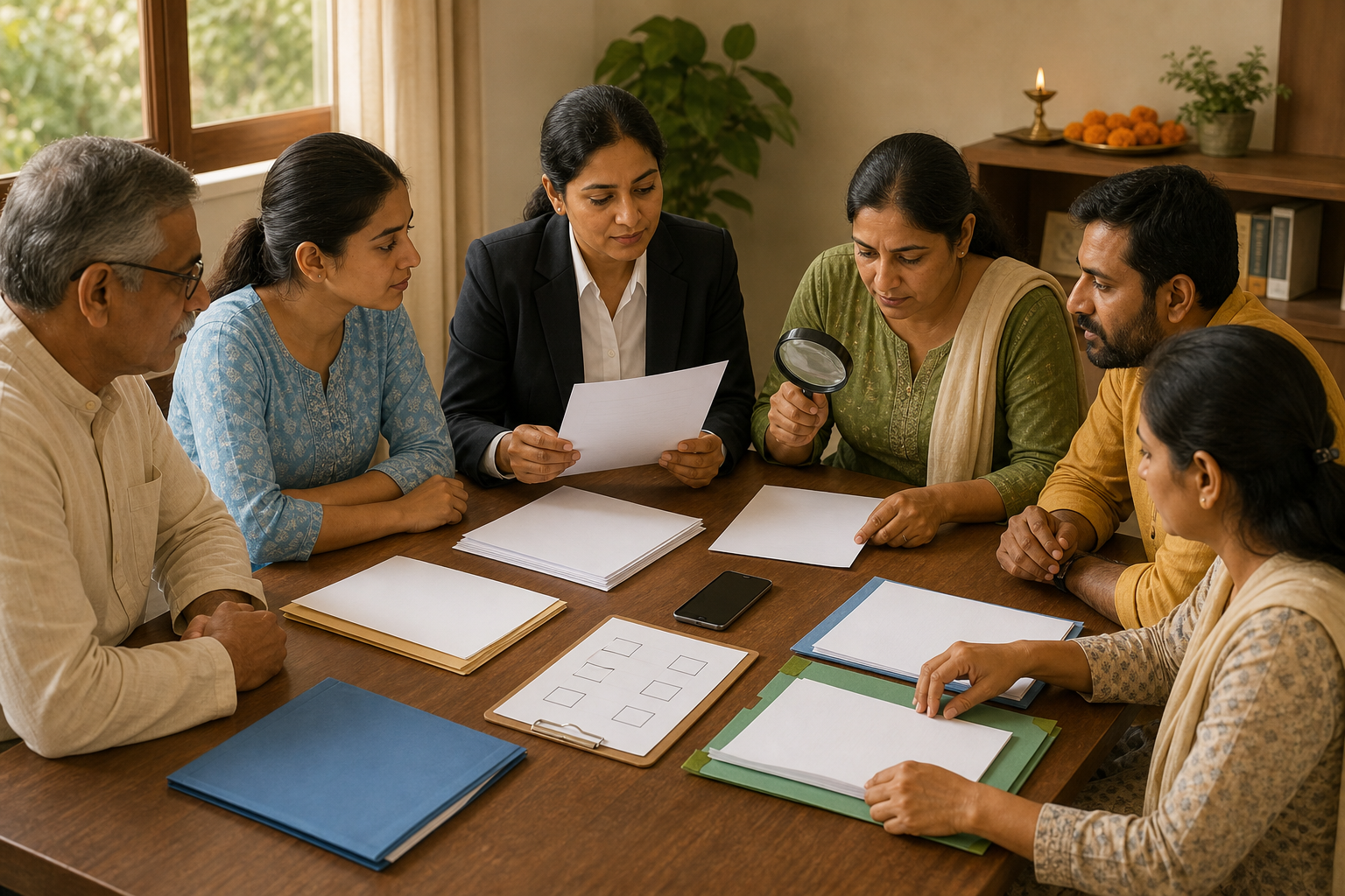 Community advocates, a lawyer, and a child-protection specialist review blank documents and an unmarked phone around a meeting table.